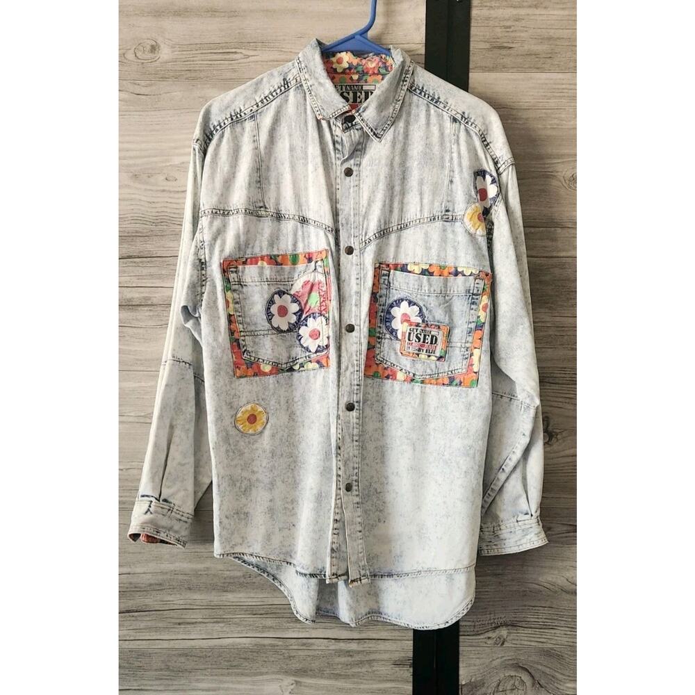 VTG Get Used By Elie Women Medium Distressed Patchwork Floral Denim Shirt Jacket